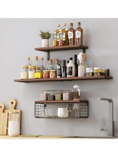 XiuWoo 4 Pack Wood Wall Mounted Floating Shelves, Hanging Shelf Storage Rack, Home Display Rack, Plant Shelf, Home Storage Rack with Wire Storage Basket for Home, Office  - Image 2
