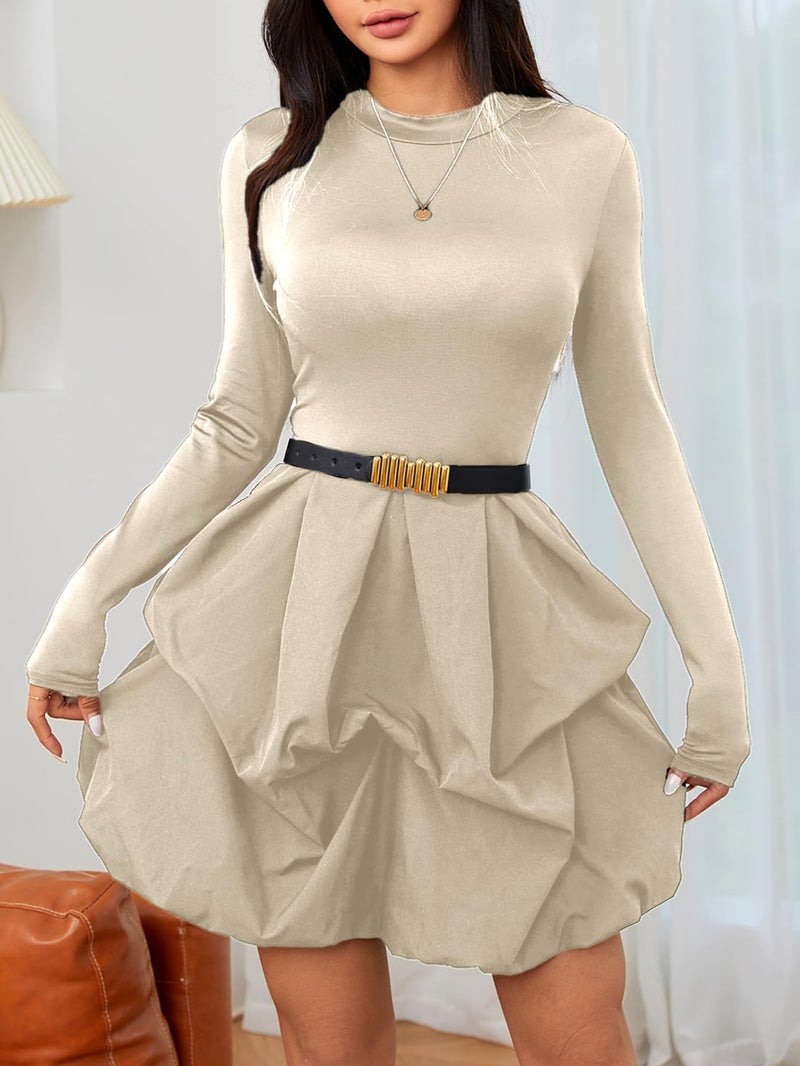 MakeMeChic Women's Long Sleeve Mini Dress Ruffle Mock Turtle Neck A Line Wedding Party Short Dresses Apricot Large - Image 3