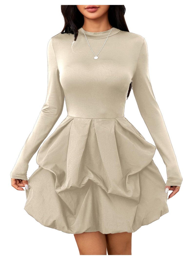 MakeMeChic Women's Long Sleeve Mini Dress Ruffle Mock Turtle Neck A Line Wedding Party Short Dresses Apricot Large - Image 1