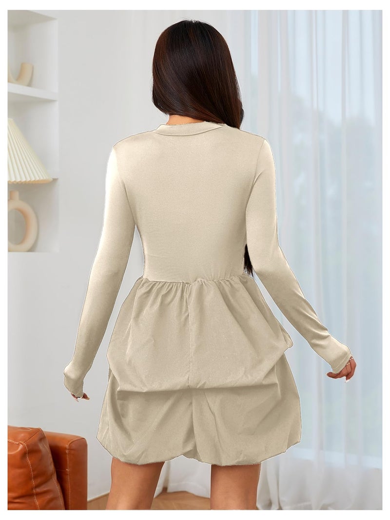 MakeMeChic Women's Long Sleeve Mini Dress Ruffle Mock Turtle Neck A Line Wedding Party Short Dresses Apricot Large - Image 2
