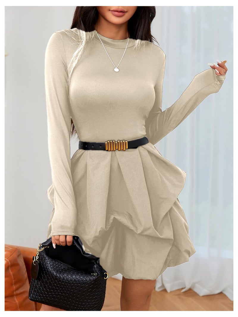 MakeMeChic Women's Long Sleeve Mini Dress Ruffle Mock Turtle Neck A Line Wedding Party Short Dresses Apricot Large - Image 4