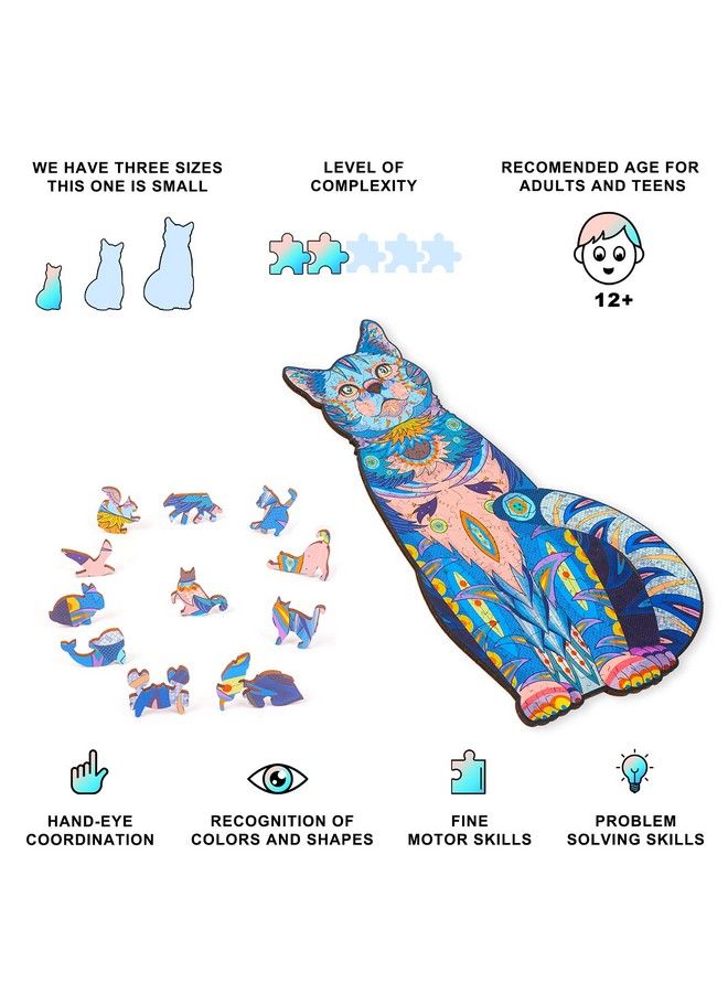 ألغاز خشبية للبالغين، ألغاز خشبية على شكل قطة زرقاء مع قطع على شكل حيوانات، لغز فريد على شكل قطة خشبية لجميع الأعمار، مثالي للتحدي والهدايا (6.1×11 بوصة) 100 قطعة س - Image 4