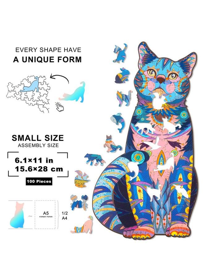 ألغاز خشبية للبالغين، ألغاز خشبية على شكل قطة زرقاء مع قطع على شكل حيوانات، لغز فريد على شكل قطة خشبية لجميع الأعمار، مثالي للتحدي والهدايا (6.1×11 بوصة) 100 قطعة س - Image 3