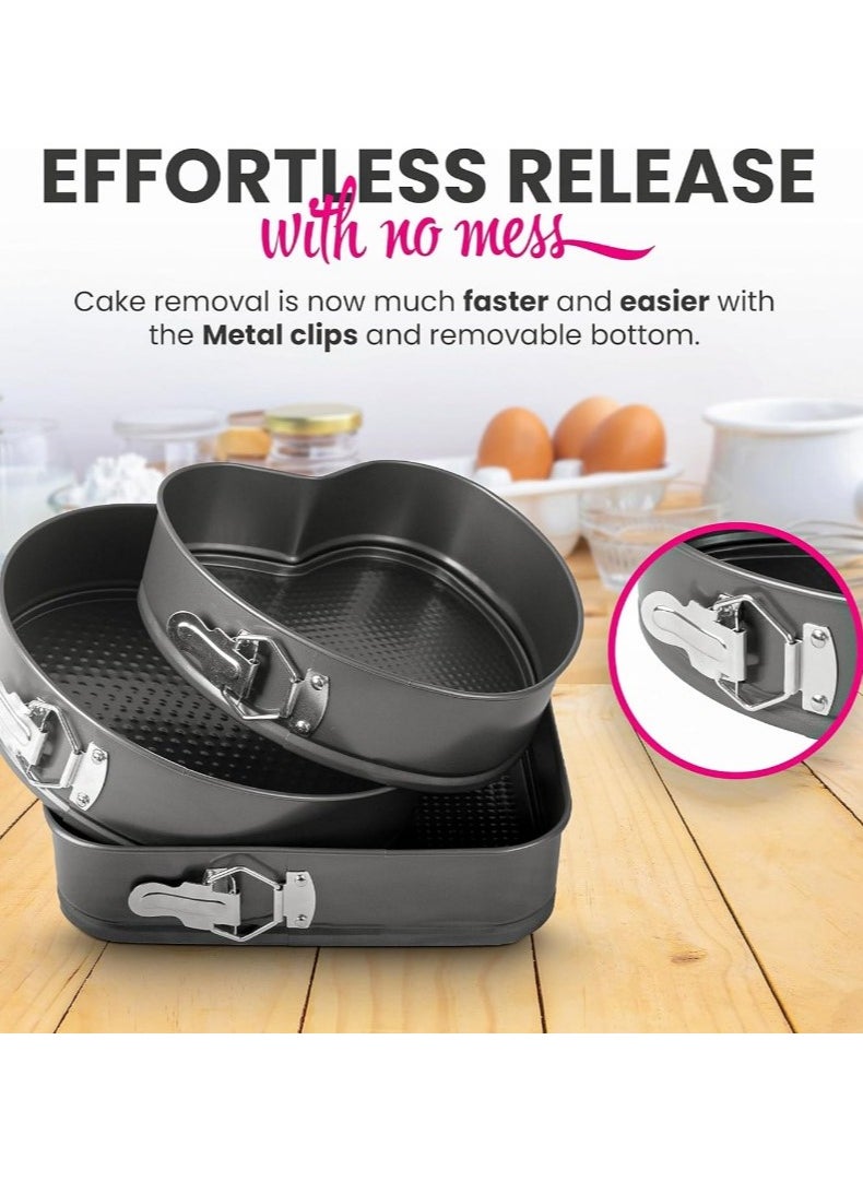 Generic - 3 Piece Springform Pan Set Heart Round Square Leakproof Cake Pan for Baking Lovers Deep Baking Set with Removable Base 3 Pieces Metal (24cm - 26cm - 28cm) - 3 Piece Detachable Cake Pan Set for Baking Round Baking Pan with Removable Base Carbon Steel - Non-Stick Clip Springform Cake Pans Set Round, Heart and Square - Non-Stick Quick Release Cake Pan with Non-Stick Base, Cake and Cheesecake Baking Pan with Removable Base - Image 1