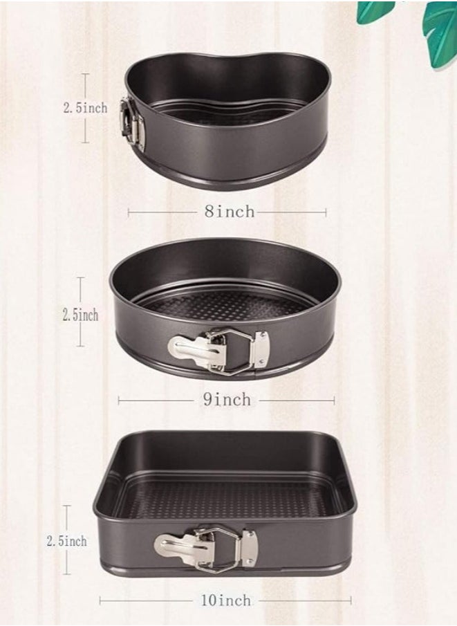 Generic - 3 Piece Springform Pan Set Heart Round Square Leakproof Cake Pan for Baking Lovers Deep Baking Set with Removable Base 3 Pieces Metal (24cm - 26cm - 28cm) - 3 Piece Detachable Cake Pan Set for Baking Round Baking Pan with Removable Base Carbon Steel - Non-Stick Clip Springform Cake Pans Set Round, Heart and Square - Non-Stick Quick Release Cake Pan with Non-Stick Base, Cake and Cheesecake Baking Pan with Removable Base - Image 1