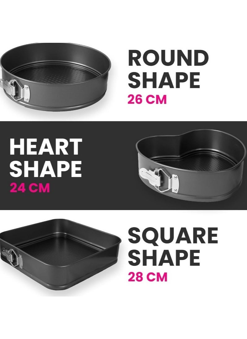 Generic - 3 Piece Springform Pan Set Heart Round Square Leakproof Cake Pan for Baking Lovers Deep Baking Set with Removable Base 3 Pieces Metal (24cm - 26cm - 28cm) - 3 Piece Detachable Cake Pan Set for Baking Round Baking Pan with Removable Base Carbon Steel - Non-Stick Clip Springform Cake Pans Set Round, Heart and Square - Non-Stick Quick Release Cake Pan with Non-Stick Base, Cake and Cheesecake Baking Pan with Removable Base - Image 1