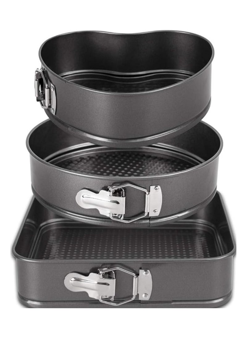 Generic - 3 Piece Springform Pan Set Heart Round Square Leakproof Cake Pan for Baking Lovers Deep Baking Set with Removable Base 3 Pieces Metal (24cm - 26cm - 28cm) - 3 Piece Detachable Cake Pan Set for Baking Round Baking Pan with Removable Base Carbon Steel - Non-Stick Clip Springform Cake Pans Set Round, Heart and Square - Non-Stick Quick Release Cake Pan with Non-Stick Base, Cake and Cheesecake Baking Pan with Removable Base - Image 1