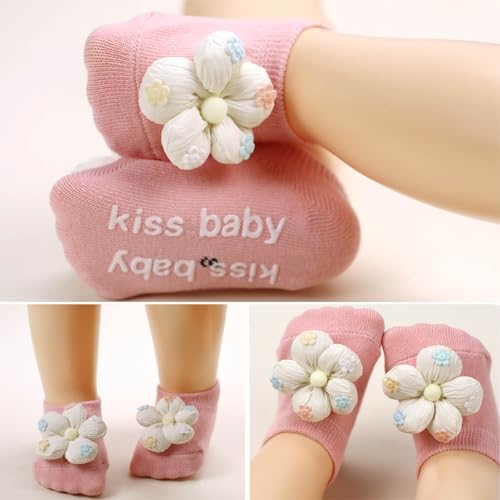 KEAINVRN 4Packs Baby Girls Socks,Flower Non-Slip Grips for Babies Toddler Princess Low Cut Ankle Socks for Girls (US, Age, 0 Months, 6 Months, yellow pink green blue) - Image 4