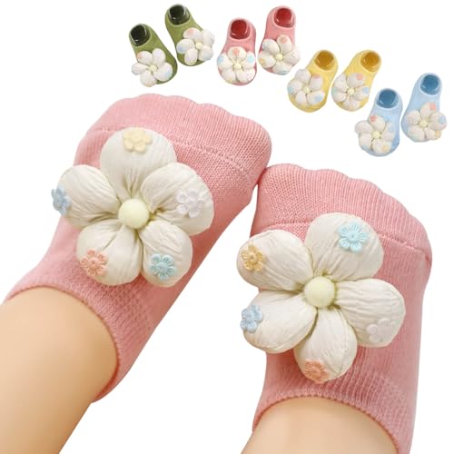 KEAINVRN 4Packs Baby Girls Socks,Flower Non-Slip Grips for Babies Toddler Princess Low Cut Ankle Socks for Girls (US, Age, 0 Months, 6 Months, yellow pink green blue) - Image 1