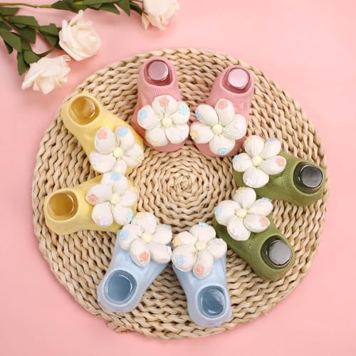 KEAINVRN 4Packs Baby Girls Socks,Flower Non-Slip Grips for Babies Toddler Princess Low Cut Ankle Socks for Girls (US, Age, 0 Months, 6 Months, yellow pink green blue) - Image 3