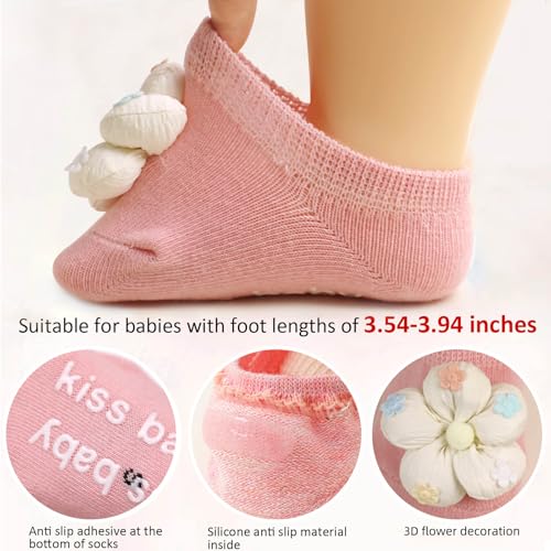 KEAINVRN 4Packs Baby Girls Socks,Flower Non-Slip Grips for Babies Toddler Princess Low Cut Ankle Socks for Girls (US, Age, 0 Months, 6 Months, yellow pink green blue) - Image 5