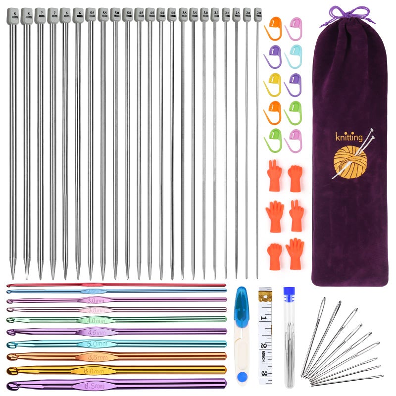 Aeelike Professional Knitting Needles Set Knitting Starter Kit for Adults Includes 35cm Long Metal Knitting Needles Aluminium Crochet Hooks Accessories and Bag Knitting Sets for Beginners Adult