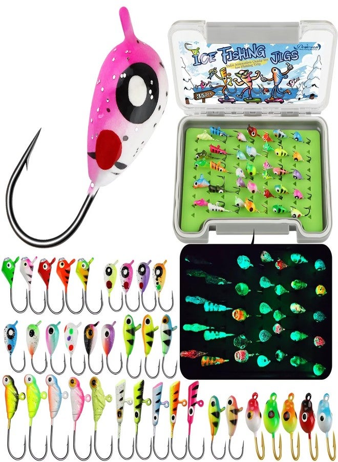 Dovesun Ice Fishing Jigs 35Pcs Ice Fishing Lures Glow in The Dark Ice Fishing Gear with Tackle Box for Panfish Walleye Crappie Perch Bluegil Trout - Image 1