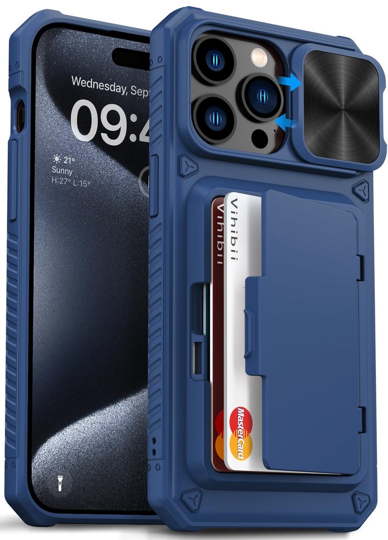 Vihibii for iPhone 15 Pro Max Wallet Case with Card Holder (4 Cards) & Slide Lens Protective Cover & Kickstand & Raised Edges Protect Screen, Shockproof Rugged Case for iPhone 15 Pro Max 6.7", Blue - Image 1