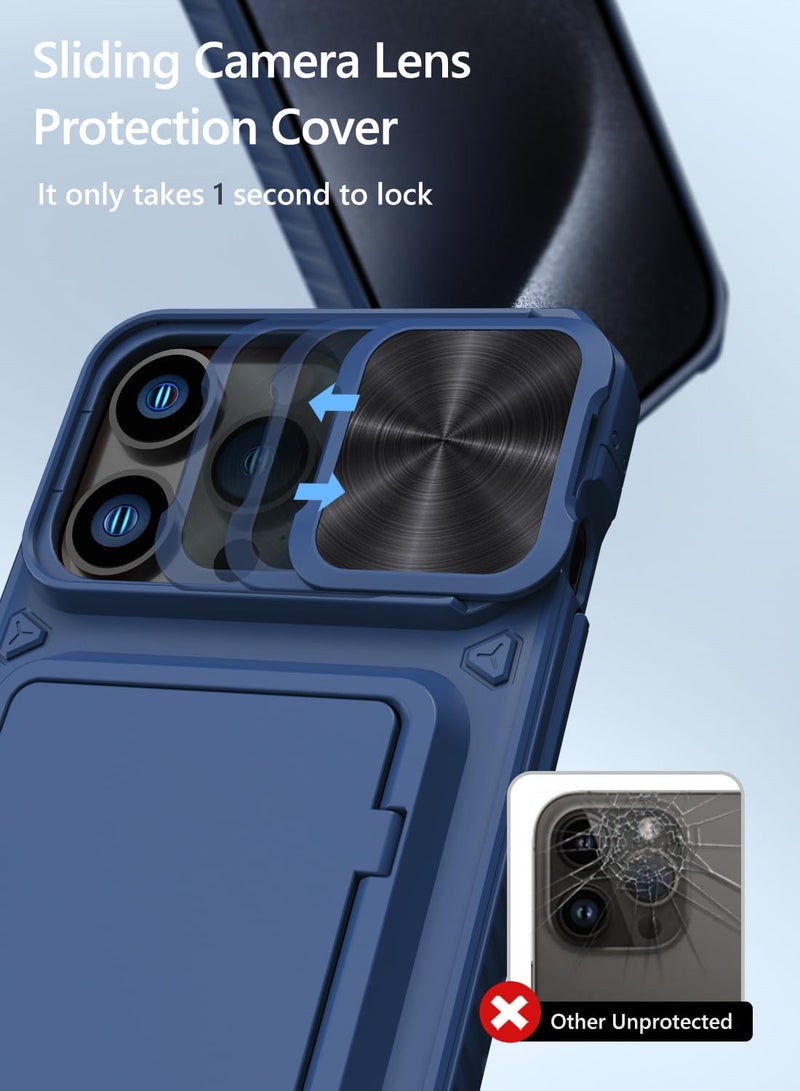 Vihibii for iPhone 15 Pro Max Wallet Case with Card Holder (4 Cards) & Slide Lens Protective Cover & Kickstand & Raised Edges Protect Screen, Shockproof Rugged Case for iPhone 15 Pro Max 6.7", Blue - Image 3