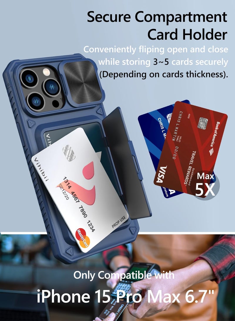 Vihibii for iPhone 15 Pro Max Wallet Case with Card Holder (4 Cards) & Slide Lens Protective Cover & Kickstand & Raised Edges Protect Screen, Shockproof Rugged Case for iPhone 15 Pro Max 6.7", Blue - Image 2