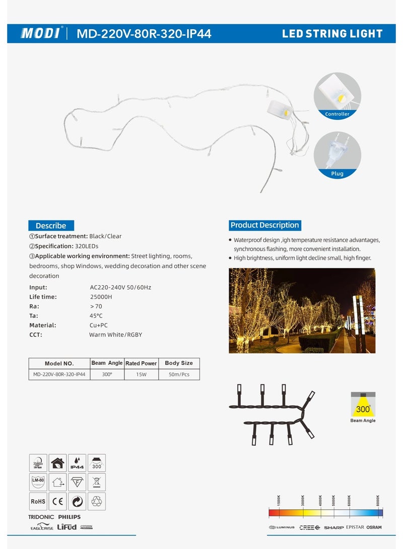 MODI Diwali 320 LEDS String Lights 50m, 220V IP44, 8 Modes, Connectable Fairy Lights for Home, Balcony & Garden – Warm White/RGB, Clear/Black Cable - Image 3