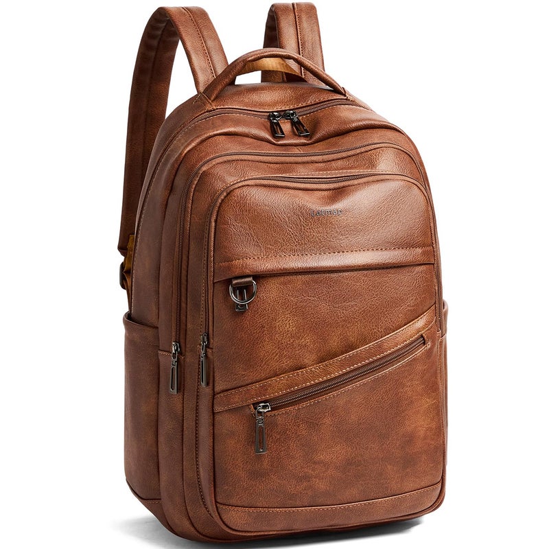 LATMAP 43L Backpack for Women Men - Vegan Leather Backpack Purse Travel Carry-on Bag College Bookbag Work fits 17" Laptop, Brown - Image 1