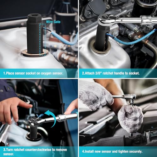 DURATECH مفتاح استشعار الأكسجين DURATECH O2 مقاس 3/8" × 7/8" (22 مم)، أداة إزالة مستشعر الأكسجين من فولاذ الكروم والفاناديوم مع بوابة سلك جانبية، إزالة وتركيب O2 - Image 4