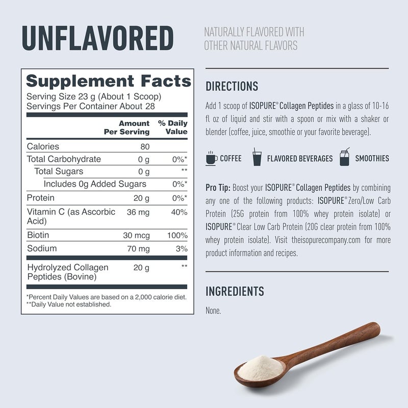 Isopure مسحوق ببتيدات الكولاجين من إيزوبور يعزز صحة الشعر والأظافر والجلد والمفاصل مع فيتامين C والبيوتين بدون نكهة 20 جرام من ببتيدات الكولاجين لكل حصة 142 رطل 28 حصة قد يختلف التعبئة - Image 3