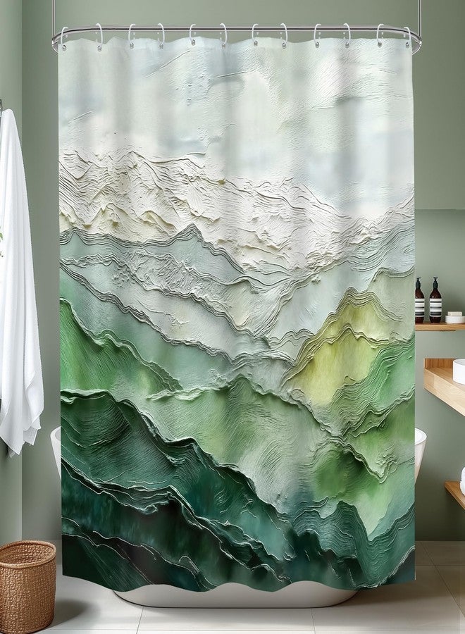 Mitpok ستارة حمام ميتبوك غرين ماونتن، مقاس 72 بوصة عرض × 72 بوصة ارتفاع، تصميم عصري مستوحى من الطبيعة، بنمط تجريدي باللونين الأخضر والرمادي، مستوحى من ألوان الزيت، بتصميم بسيط، مناسبة لتزيين الحمام، مصنوعة من قماش البوليستر، مع 12 خطافًا. - Image 1