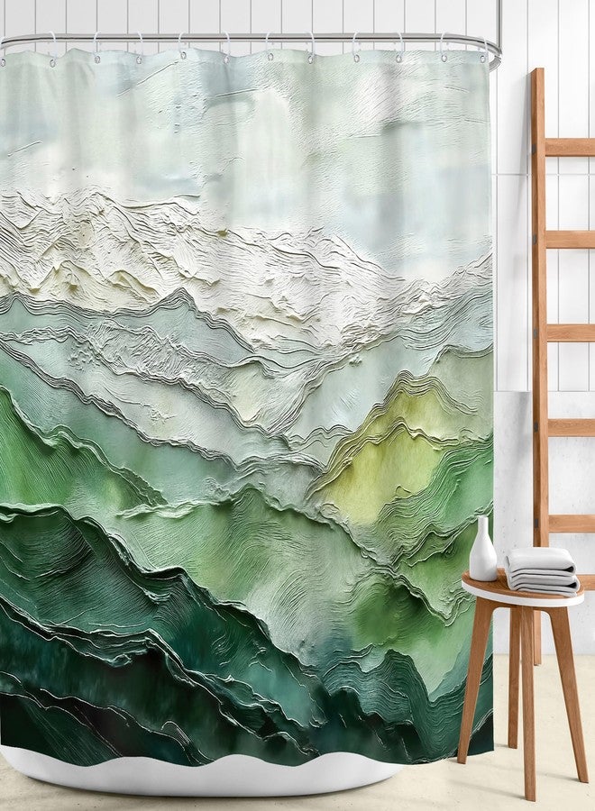 Mitpok ستارة حمام ميتبوك غرين ماونتن، مقاس 72 بوصة عرض × 72 بوصة ارتفاع، تصميم عصري مستوحى من الطبيعة، بنمط تجريدي باللونين الأخضر والرمادي، مستوحى من ألوان الزيت، بتصميم بسيط، مناسبة لتزيين الحمام، مصنوعة من قماش البوليستر، مع 12 خطافًا. - Image 2