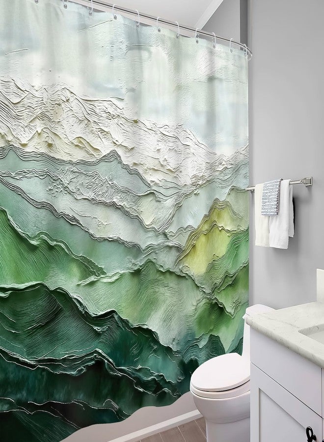 Mitpok ستارة حمام ميتبوك غرين ماونتن، مقاس 72 بوصة عرض × 72 بوصة ارتفاع، تصميم عصري مستوحى من الطبيعة، بنمط تجريدي باللونين الأخضر والرمادي، مستوحى من ألوان الزيت، بتصميم بسيط، مناسبة لتزيين الحمام، مصنوعة من قماش البوليستر، مع 12 خطافًا. - Image 4