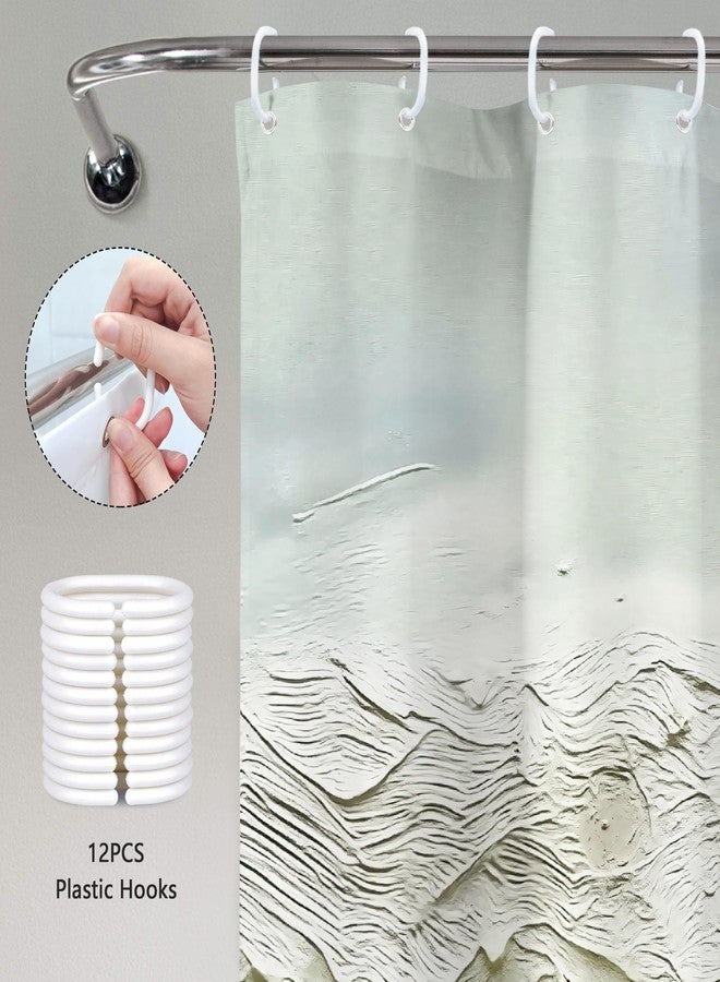 Mitpok ستارة حمام ميتبوك غرين ماونتن، مقاس 72 بوصة عرض × 72 بوصة ارتفاع، تصميم عصري مستوحى من الطبيعة، بنمط تجريدي باللونين الأخضر والرمادي، مستوحى من ألوان الزيت، بتصميم بسيط، مناسبة لتزيين الحمام، مصنوعة من قماش البوليستر، مع 12 خطافًا. - Image 5