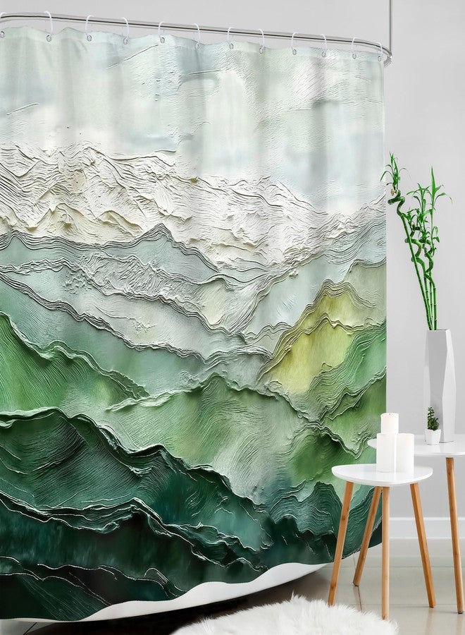 Mitpok ستارة حمام ميتبوك غرين ماونتن، مقاس 72 بوصة عرض × 72 بوصة ارتفاع، تصميم عصري مستوحى من الطبيعة، بنمط تجريدي باللونين الأخضر والرمادي، مستوحى من ألوان الزيت، بتصميم بسيط، مناسبة لتزيين الحمام، مصنوعة من قماش البوليستر، مع 12 خطافًا. - Image 3