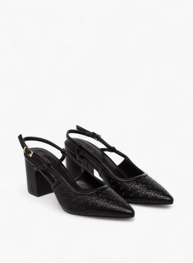 Celeste Women's Monogram Embossed Pointed Toe Shoes with Block Heels