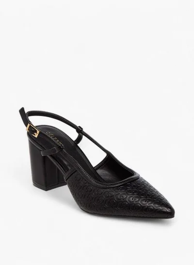Celeste Women's Monogram Embossed Pointed Toe Shoes with Block Heels
