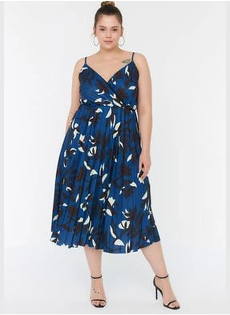 trendyol Blue A-line Knitted Double Breasted Collar Floral Print Dress TBBSS22AH00000