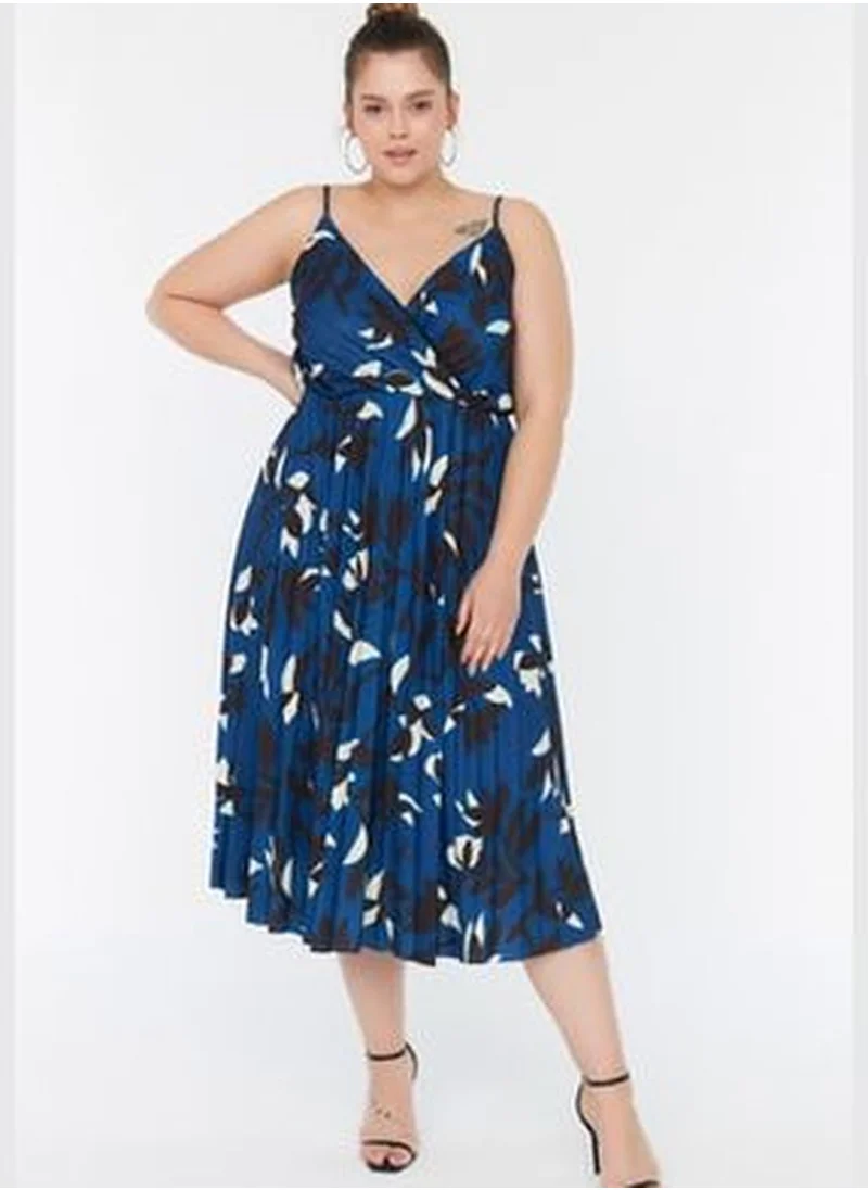 trendyol Blue A-line Knitted Double Breasted Collar Floral Print Dress TBBSS22AH00000