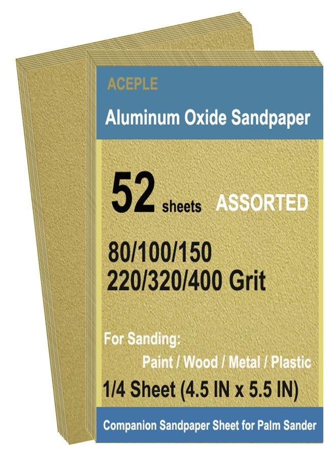 Aceple 52Pcs Aluminum Oxide Sandpaper Variety Pack, 4.5 x 5.5 Inch Sand Paper Sheets Assorted for Block Sander Wood Metal Wet Dry Sanding 80/100/150/220/320/400 Grits (1/4 Sheet) - Image 1