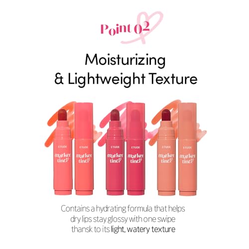 ETUDE Dear Darling Marker Tint #8 Cherry Punch (5g) | Hydrating & Long Lasting Lip Stain | High Pigmented Lip Maker with Easy Drawing Tip | Korean Daily Lip Tint, Korean Makeup, Kbeauty - Image 5