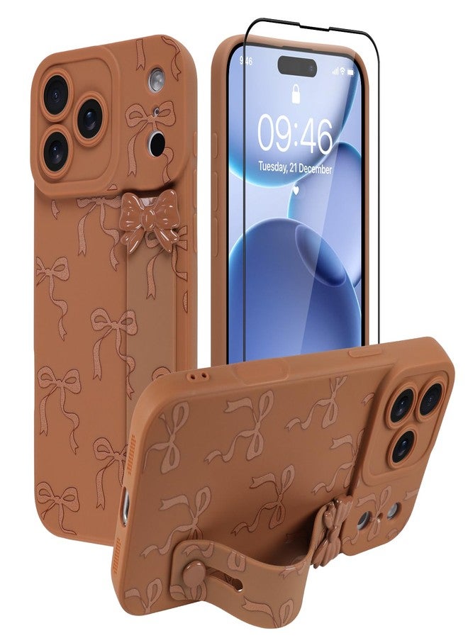 OOK Case for iPhone 17 Pro Max Case with Screen Protector, Cute Bow Design with Adjustable Wristband Strap Kickstand Slim Soft TPU Rubber for Women Girls Phone Cover-Brown - Image 2