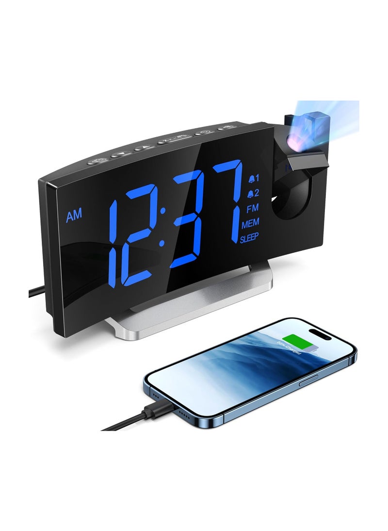 Generic - Projection Alarm Clock with FM Radio, Dual Alarms, 30 Preset Stations, Sleep Timer, 5 Alarm Sounds, Dimmer and Snooze Function, HD LED Curved Screen, Digital Clock for Bedroom - Image 1