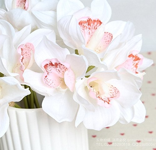 LebriTamFa 12 PCS High Quaulity Latex Real Touch Cymbidium Orchid Artificial Flower Bouquet for Wedding Holiday Bridal Bouquet Home Party Decor Bridesmaid (White) - Image 2