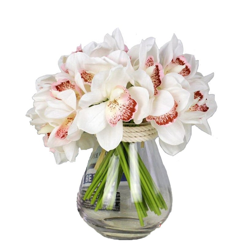 LebriTamFa 12 PCS High Quaulity Latex Real Touch Cymbidium Orchid Artificial Flower Bouquet for Wedding Holiday Bridal Bouquet Home Party Decor Bridesmaid (White) - Image 1