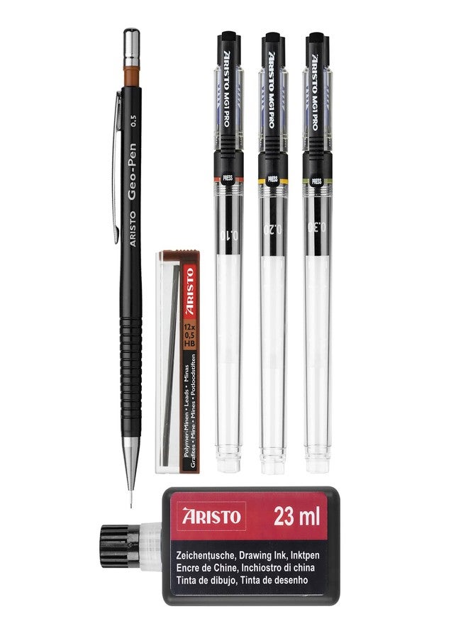 Aristo mg1 Technical Drawing Pen, 0.1mm,0.2mm,0.3mm with 0.5mm Geo-pen Mechanical Clutch Lead Pencil 1 tube lead 23 ml ink - Image 1