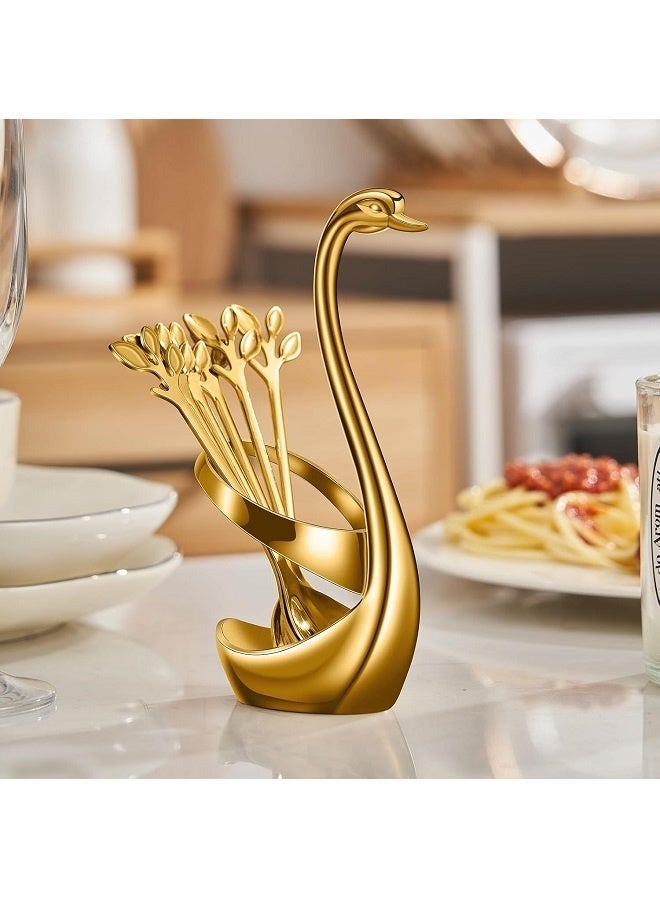 يليلاي مجموعة حامل ملعقة قهوة صغيرة ، 1 قاعدة البجعة + 10 ملعقات صغيرة ، مجموعة ملعقة إسبريسو ، ملعقة حلوى صغيرة على شكل ورقة 6 بوصة ، ملعقة شاي من الفولاذ المقاوم للصدأ (الذهب) - Image 1