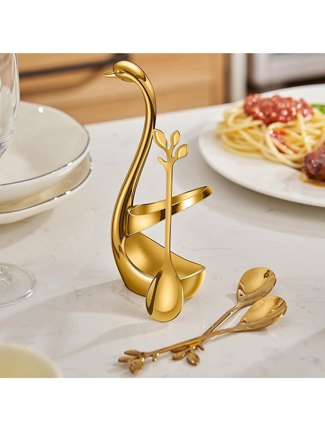 يليلاي مجموعة حامل ملعقة قهوة صغيرة ، 1 قاعدة البجعة + 10 ملعقات صغيرة ، مجموعة ملعقة إسبريسو ، ملعقة حلوى صغيرة على شكل ورقة 6 بوصة ، ملعقة شاي من الفولاذ المقاوم للصدأ (الذهب) - Image 5