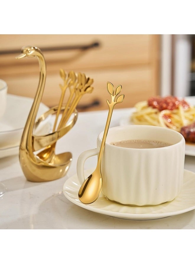 يليلاي مجموعة حامل ملعقة قهوة صغيرة ، 1 قاعدة البجعة + 10 ملعقات صغيرة ، مجموعة ملعقة إسبريسو ، ملعقة حلوى صغيرة على شكل ورقة 6 بوصة ، ملعقة شاي من الفولاذ المقاوم للصدأ (الذهب) - Image 2