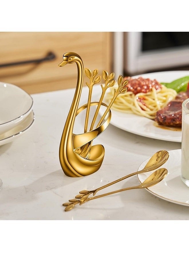 يليلاي مجموعة حامل ملعقة قهوة صغيرة ، 1 قاعدة البجعة + 10 ملعقات صغيرة ، مجموعة ملعقة إسبريسو ، ملعقة حلوى صغيرة على شكل ورقة 6 بوصة ، ملعقة شاي من الفولاذ المقاوم للصدأ (الذهب) - Image 3