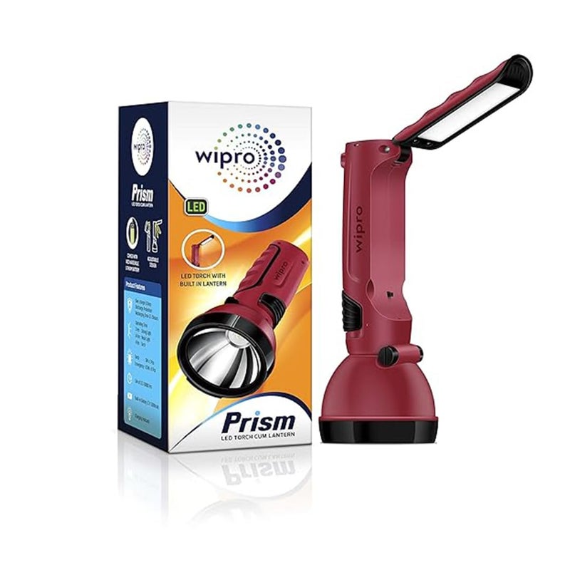 Wipro Prism Multi Functional Rechargeable LED Torch cum Lantern with Dual Mode Emergency Torch Light with 1200mAh Li Ion Battery 4 Watt Red Pack of 1 - Image 1