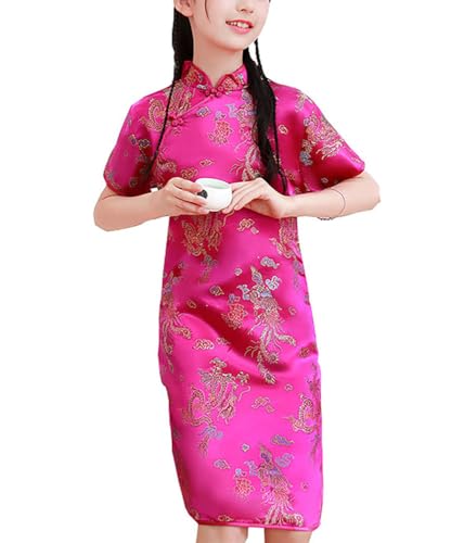 DLSNZ Girls Chinese Qipao Dress Dragon Pattern Short Sleeve Cheongsam Costume for Birthday Party Wedding US Age 6 Years 7 Years Rose Red Dragon - Image 1