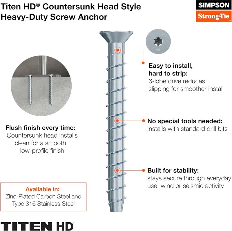 Simpson StrongTie THD37400CS Titen HD 3/8 in. x 4 in. Zinc-Plated Countersunk Head Heavy-Duty Screw Anchor (50-Qty) - Image 2