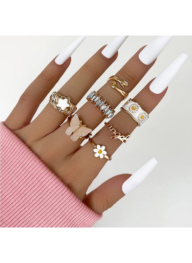 Shining Diva Fashion - Shining Diva Fashion Latest Stylish Y2k Gen Z Chunky Finger Rings for Women and Girls - Set of 7 (14173r) Golden - Image 1