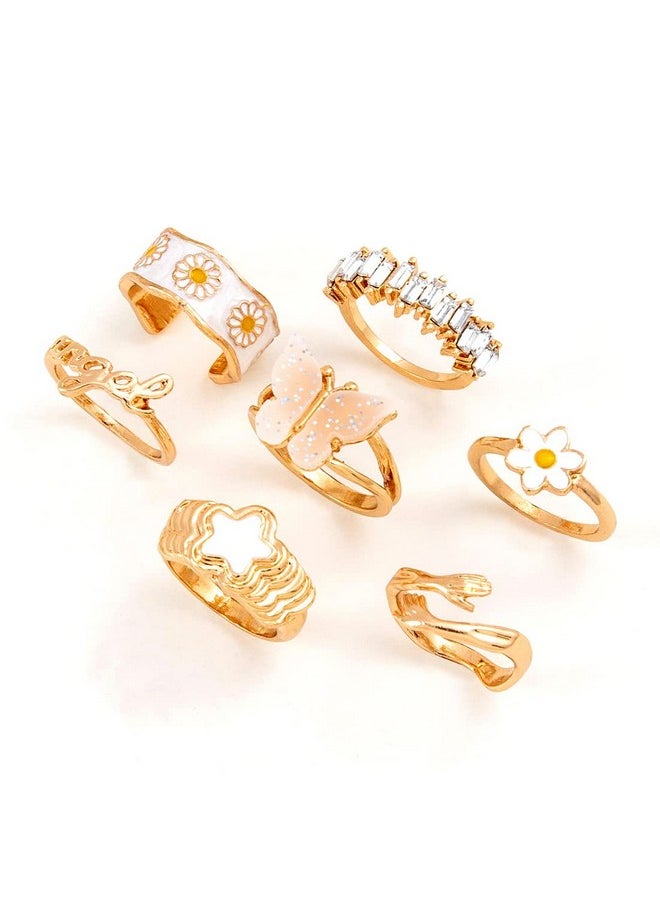 Shining Diva Fashion - Shining Diva Fashion Latest Stylish Y2k Gen Z Chunky Finger Rings for Women and Girls - Set of 7 (14173r) Golden - Image 1
