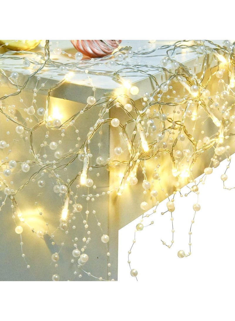 9.84FT Christmas White Faux Pearls Beaded Garland With 30LED String Lights For Christmas Decoration Christmas Garland For Fireplace Mantel Indoor Outdoor Christmas Decoration - Image 1